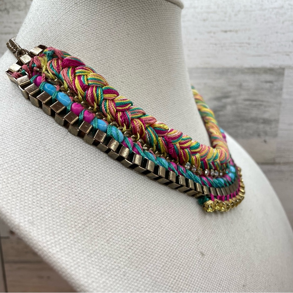Beautiful Unsigned Colorful Knit Collar Bib Rhinestone Beaded Necklace - Picture 3 of 5